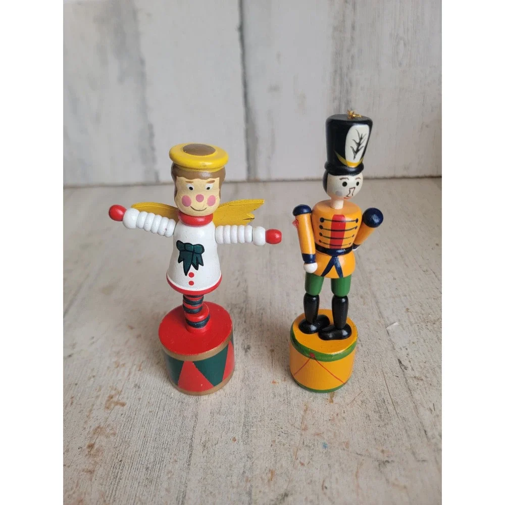 Vintage angel solider thumb push puppet toy set Xmas wooden unique